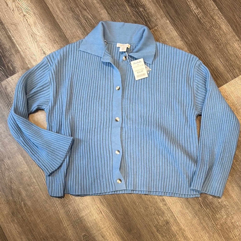 Blue Ribbed Button-Up Cardigan